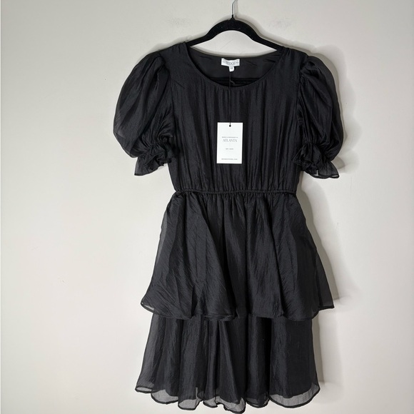 S’edge Black Puff Sleeve Mini Organza Dress - Picture 1 of 4